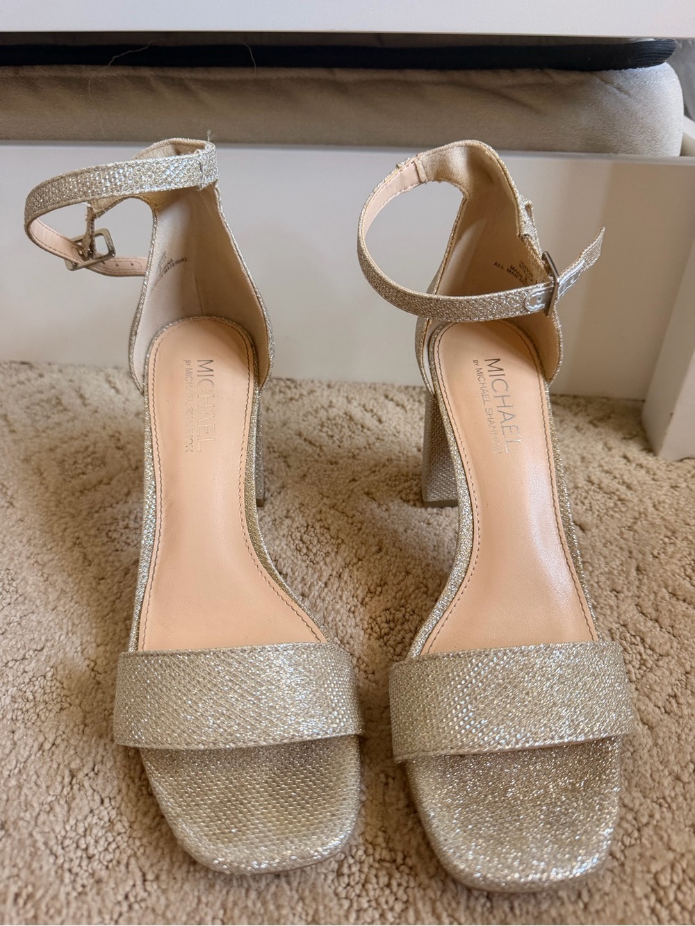 Michael Shannon Gold Glitter Ankle-Strap Block Heels